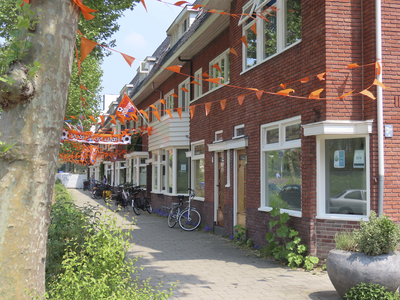 901672 Gezicht op de voorgevels van de panden Blauwkapelseweg 49-hoger te Utrecht. De huizen zijn oranje versierd ter ...